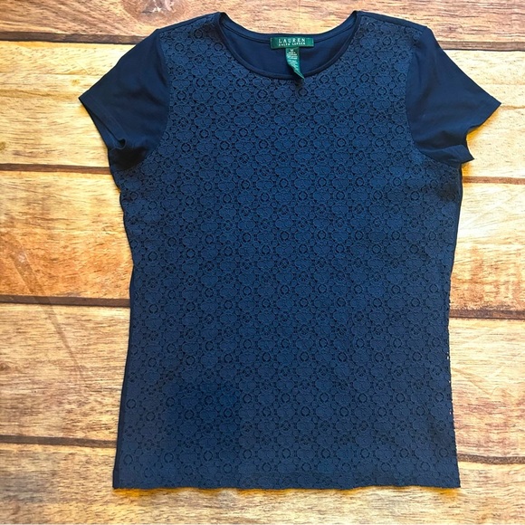 Women’s Ralph Lauren Blue Knit with Lace Shirt Size Medium - Picture 1 of 5